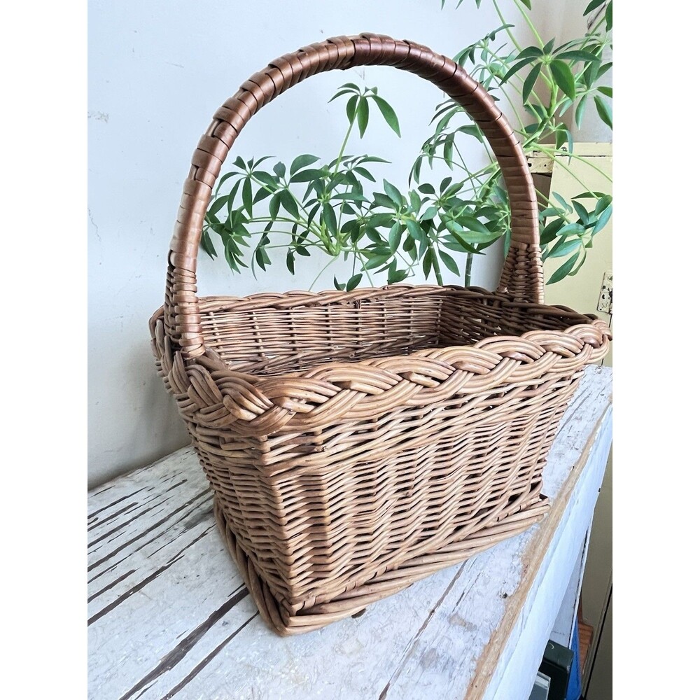 Vintage Hand Woven Wicker Willow Rectangular Gathering Basket With Arched Handle